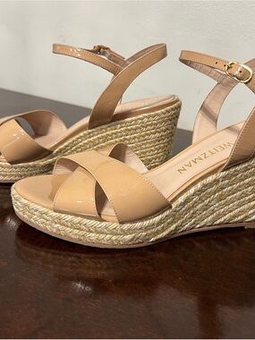Stuart Weitzman Nude Patent Espadrille Wedge Sandals